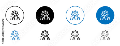 Hydro power icons set in black and blue colors on white background