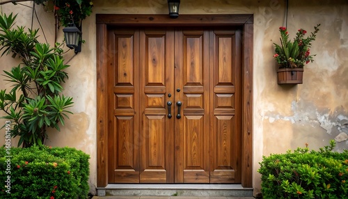 A front entrance featuring a large wooden double door flanked by greenery and wall sconces