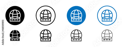 Domains icons set in black and blue colors on white background