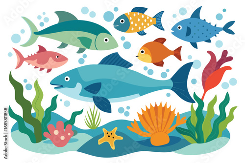 Colorful underwater scene with various fish and marine plants in a vibrant ocean setting