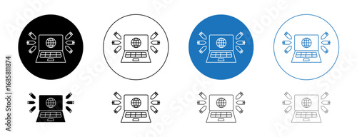 Ddos icons set in black and blue colors on white background
