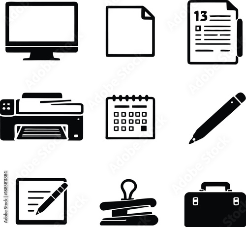 A collection of office icons including a computer monitor printer calendar and other stationery items