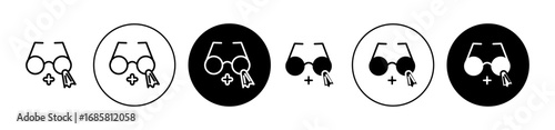 Cleaning eyeglasses icons set in black and blue colors on white background