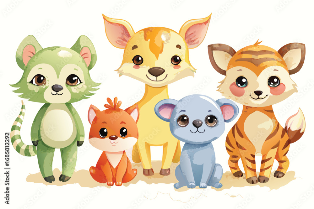 Obraz premium Cute cartoon animals standing together in a friendly grouping in a colorful style