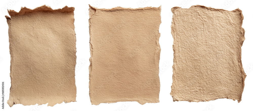 Fototapeta premium Three rectangular pieces of aged, textured beige paper