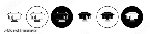 Buddhist temple icons set in black and blue colors on white background