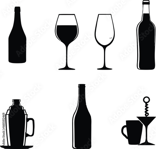 Illustration of various black and white barware items including bottles and glasses on a white background