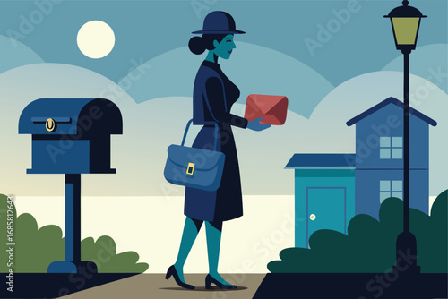 Mail carrier delivers a letter at dusk in a suburban neighborhood