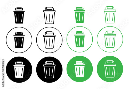 Waste Bin icons set in black and blue colors on white background