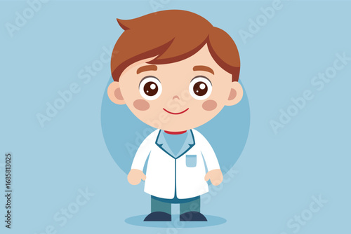 Young boy in a lab coat smiles cheerfully in a colorful background