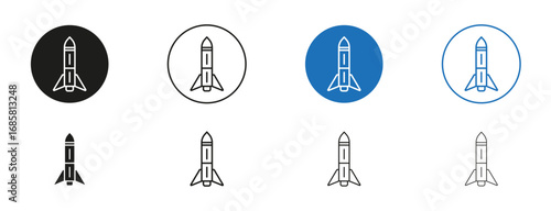 Missile icons set in black and blue colors on white background