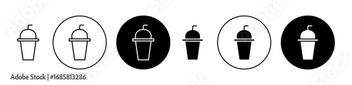Milk shake icons set in black and blue colors on white background