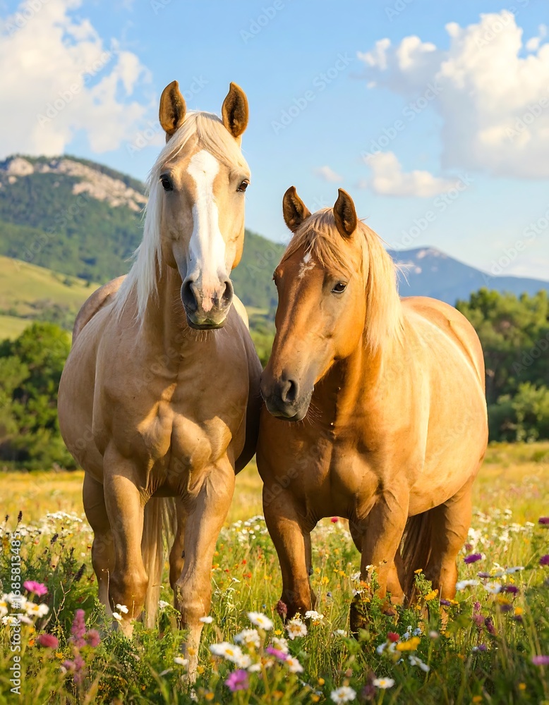 Fototapeta premium Two light-brown horses in a meadow