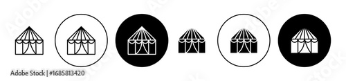 Circus tent icons set in black and blue colors on white background