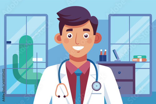 Doctor smiling in a modern clinic setting with medical tools and furniture