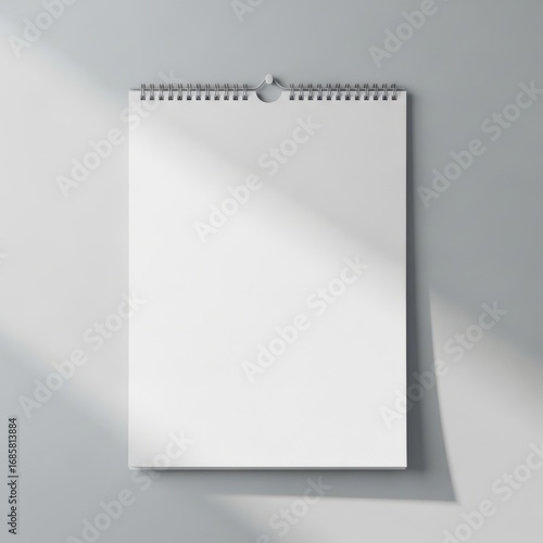 Blank spiral bound wall calendar page with soft sunlight shadows isolated on white background