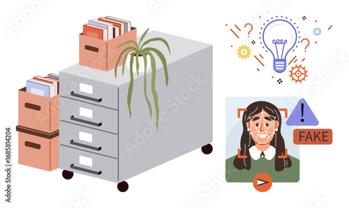 Filing cabinet with plant and paperwork, AI facial recognition detecting deepfake alert. Ideal for technology, innovation, AI monitoring, digital safety, file management, fraud detection, modern