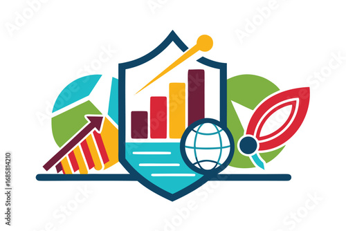 Data visualization and growth strategies represented through colorful graphics and symbols