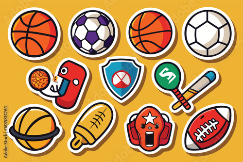 Creative stickers featuring various sports icons on a vibrant yellow background