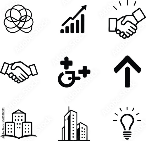 Nine black and white icons arranged in a grid featuring business and development related symbols