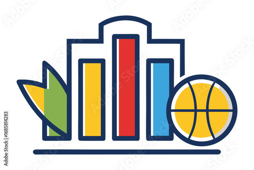 Colorful basketball court design with architectural elements and greenery in a vibrant cityscape