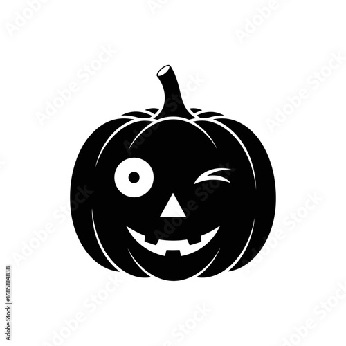 Vector art of a black and white illustration of a winking pumpkin with a playful expression, ideal for halloween