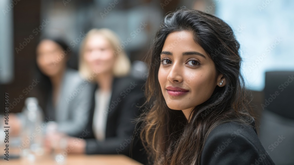 a woman sitting at a table with other women in the background a woman sitting at a table with other women in the background