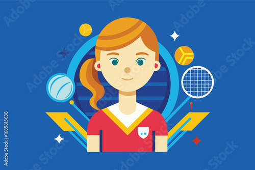 Young tennis player with equipment on a blue background featuring dynamic sports elements
