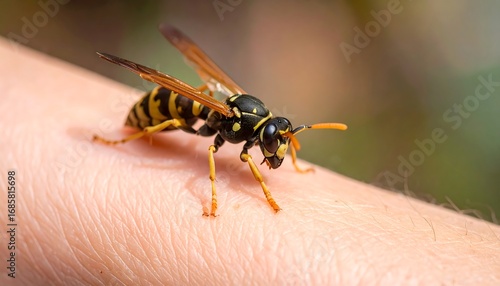 A wasp on a human hand.  Close-up view