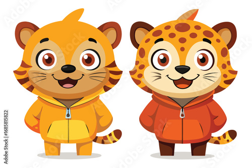 Cute cartoon animal characters in hoodies ready for fun adventures