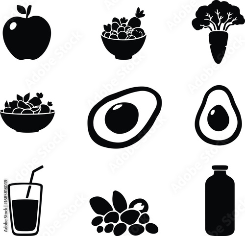 Black and white vector illustration of healthy foods including fruits vegetables and beverages