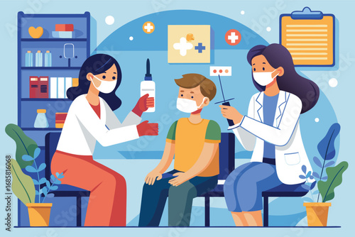 Health professionals providing vaccination and care to child in medical clinic setting