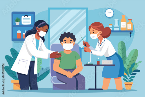 Health professionals administering a vaccination to a patient in a clinic setting