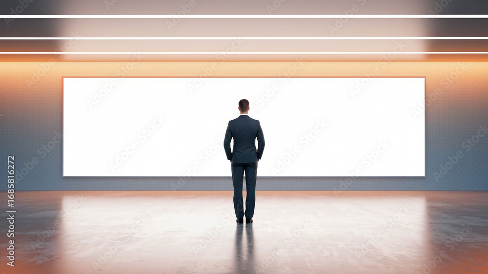 Obraz premium Businessman looking at a large blank white billboard or screen in a modern room, perfect for advertising, presentation, and marketing mockups