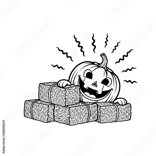 Vector art of a cute jackolantern with a happy face sits atop a stack of hay bales, , perfect for fall and halloween