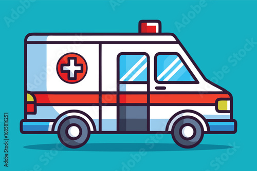 Iconic ambulance illustration on a vibrant blue background showcasing emergency services