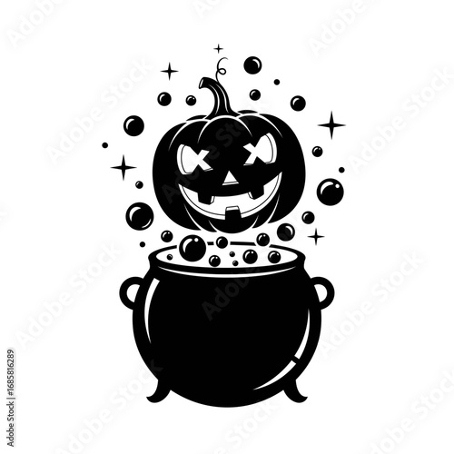 Vector art of halloween pumpkin with cauldron funny autumn holiday vector illustration spooky october celebration