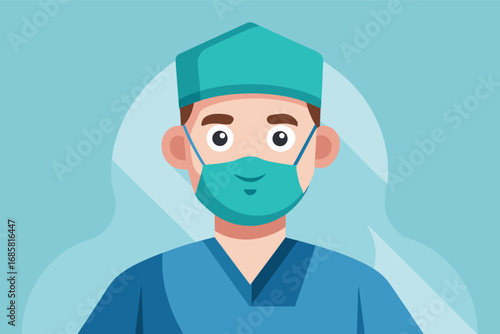 Healthcare professional wearing scrubs and mask in a medical setting