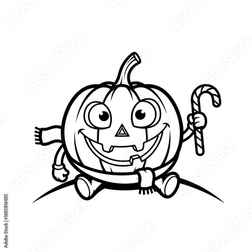 Vector art of a smiling pumpkin wearing a scarf holds a candy cane, , spreading holiday cheer and winter warmth