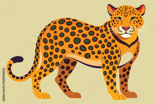 Brightly colored leopard illustration showcases spotted fur and poised stance