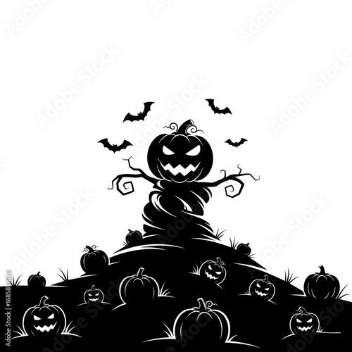 Vector art of halloween pumpkin scarecrow with bats flying around spooky and festive decoration for halloween season