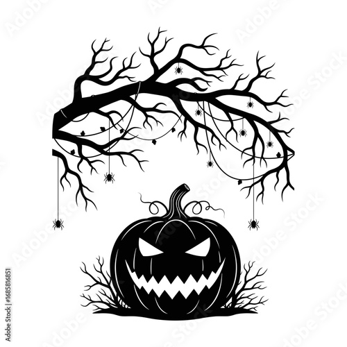 Vector art of spooky halloween pumpkin with scary face, bare tree and hanging spiders for a festive and eerie design