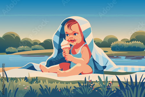 Baby with a tiny ice cream cone in hand, enjoying the taste on a warm summer day