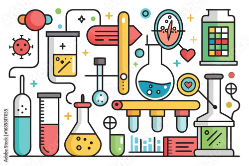 Colorful illustration of laboratory equipment and scientific tools in a creative design