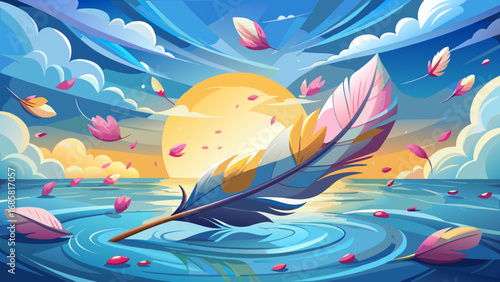 From a close perspective, the bird’s feathers glisten in sunlight as it skims the water. Ripples spread gently beneath, while petals drift nearby, creating a poetic, tranquil scene.