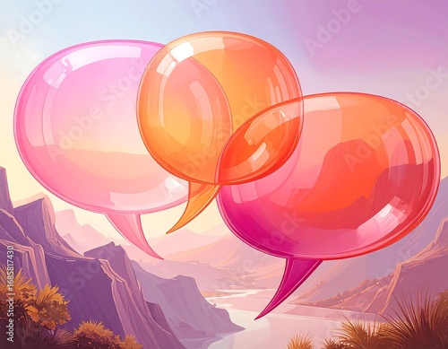 Three colorful speech bubbles against a scenic landscape