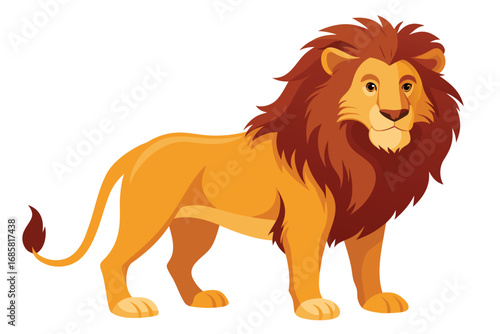 Lively cartoon illustration of a lion standing in a natural environment