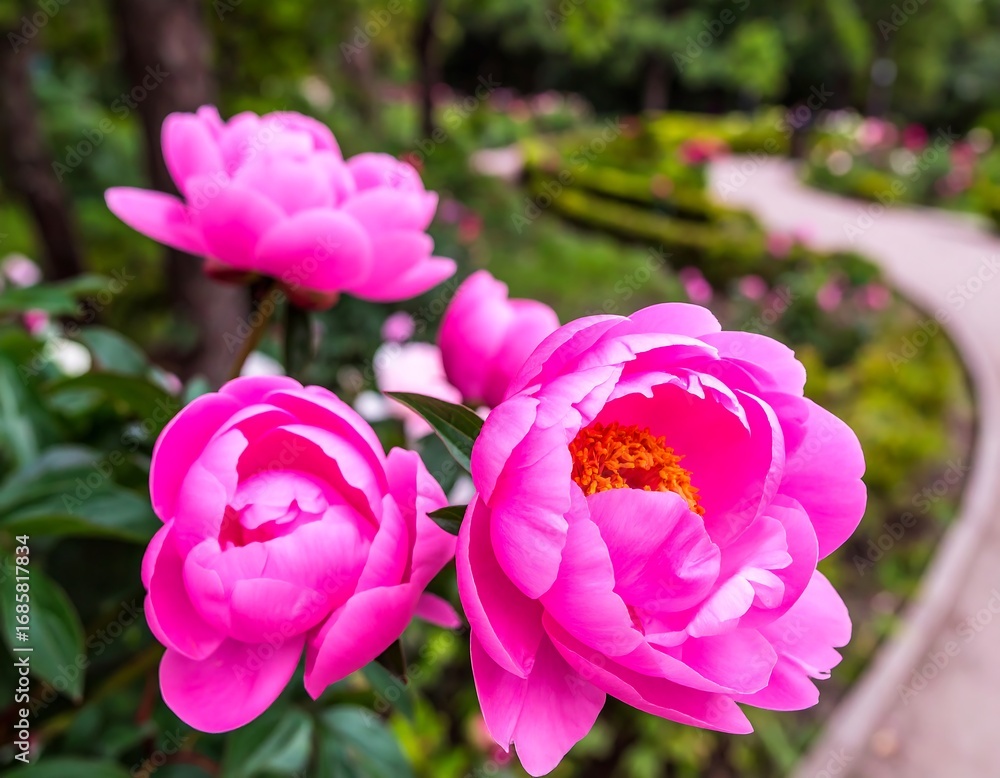 Fototapeta premium Vibrant pink peonies in a garden setting