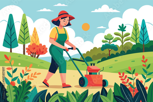 Gardener mowing lawn in a vibrant landscape under sunny sky