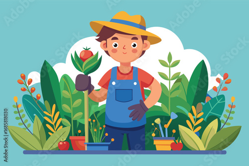 Young gardener tending to plants in a vibrant garden setting during a sunny day
